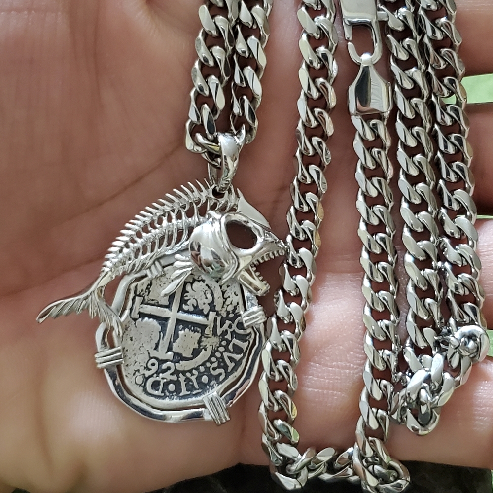 Atocha silver coin with skeleton mahi mahi and chain